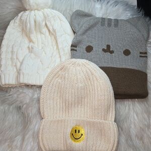 Anthro Pusheen Gymboree Girls Neutral Beanie Trio